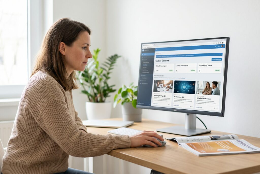 Eine Frau sitzt an einem hellen, modernen Arbeitsplatz und blickt konzentriert auf einen Monitor, der ein Content-Dashboard zeigt. 
