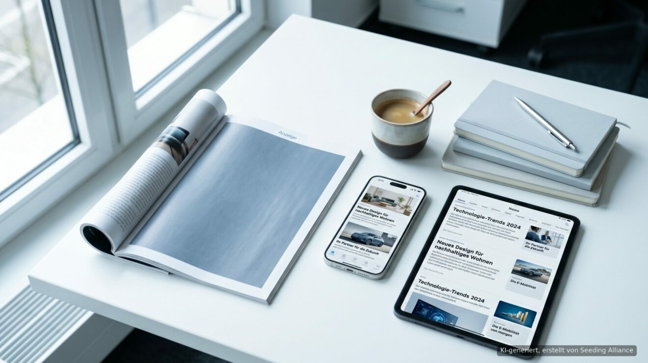 Magazin, Smartphone und Tablet auf einem Schreibtisch – Advertorials und Native Ads auf allen Kanälen.