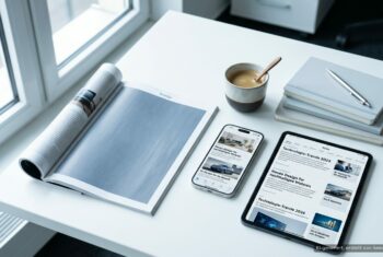 Magazin, Smartphone und Tablet auf einem Schreibtisch – Advertorials und Native Ads auf allen Kanälen.