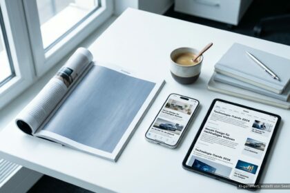 Magazin, Smartphone und Tablet auf einem Schreibtisch – Advertorials und Native Ads auf allen Kanälen.