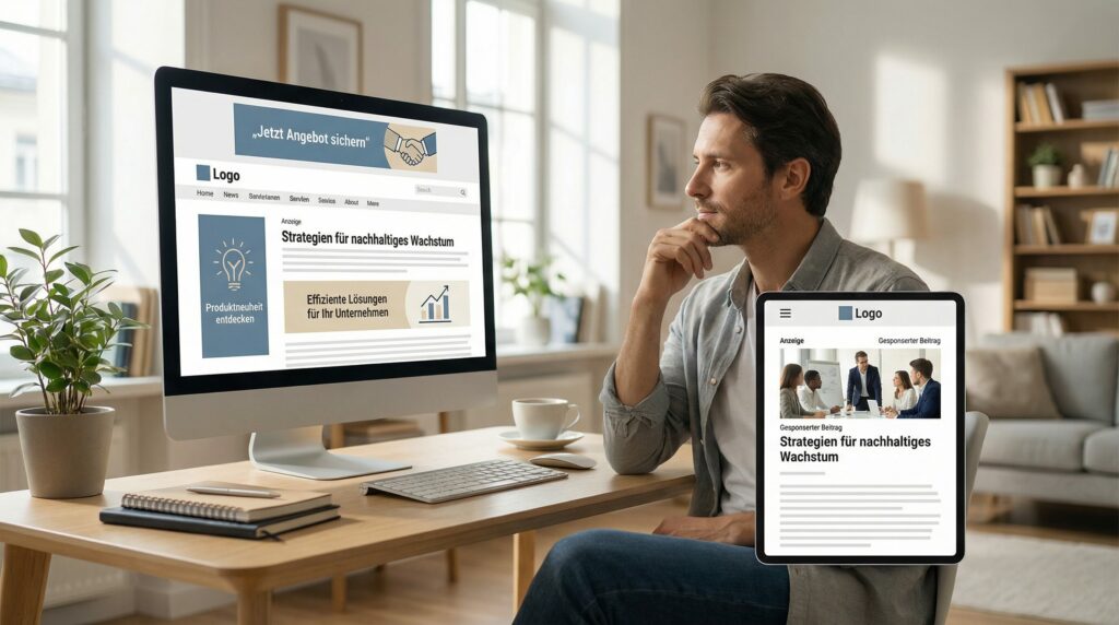 Marketingverantwortliche Person im modernen Büro betrachtet parallel einen Desktop-Monitor mit hochwertiger Bannerwerbung und ein Tablet mit integriertem Native-Advertising-Artikel.