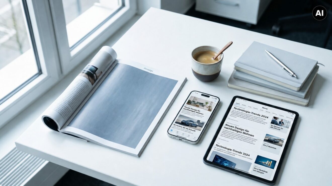 Mithilfe von KI erstellt: Magazin, Smartphone und Tablet auf einem Schreibtisch – Advertorials und Native Ads auf allen Kanälen.