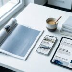 Mithilfe von KI erstellt: Magazin, Smartphone und Tablet auf einem Schreibtisch – Advertorials und Native Ads auf allen Kanälen.