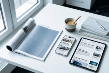 Mithilfe von KI erstellt: Magazin, Smartphone und Tablet auf einem Schreibtisch – Advertorials und Native Ads auf allen Kanälen.