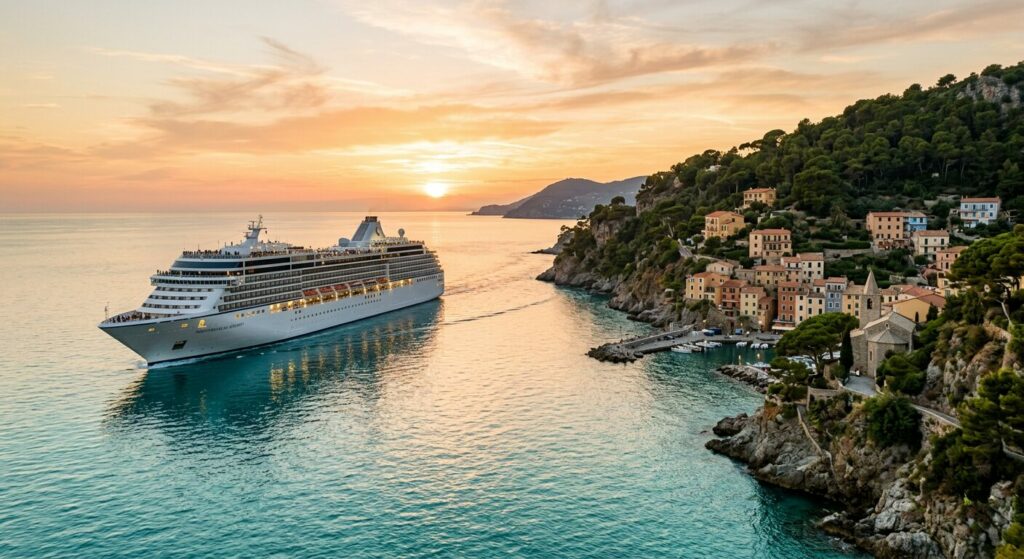 Modernes Kreuzfahrtschiff fährt bei goldenem Abendlicht entlang einer mediterranen Küste.