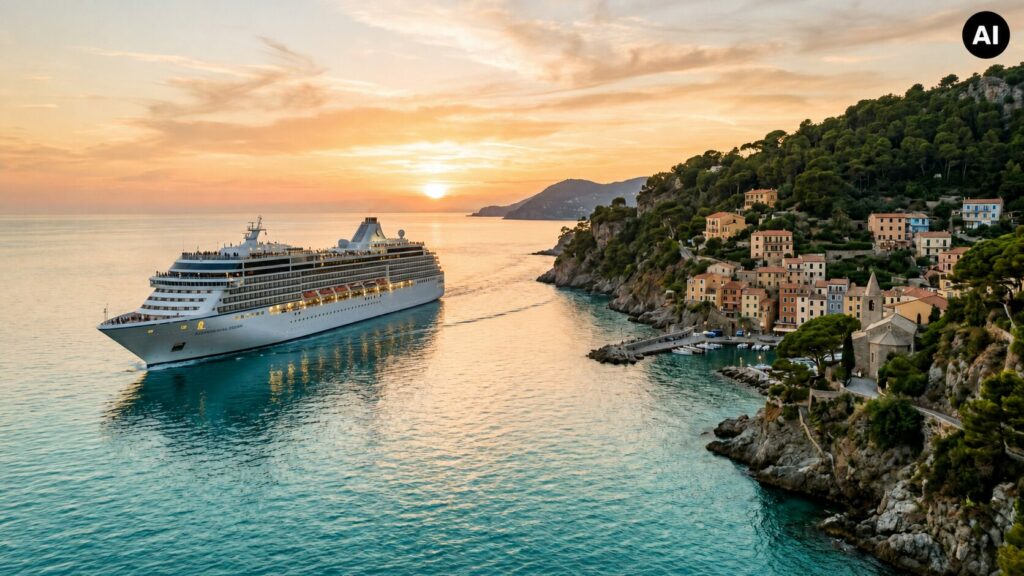 Mithilfe von KI erstellt: Modernes Kreuzfahrtschiff fährt bei goldenem Abendlicht entlang einer mediterranen Küste.