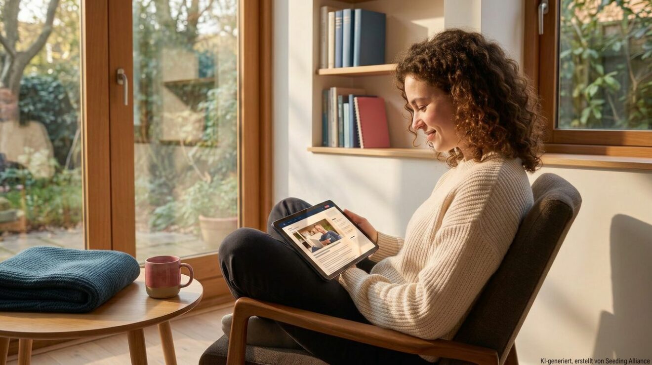 Junge Frau liest auf einem Tablet in einem hellen Raum am Fenster.