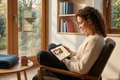 Junge Frau liest auf einem Tablet in einem hellen Raum am Fenster.