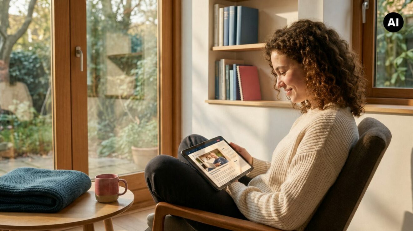 Mithilfe von KI erstelltes Bild: Junge Frau liest auf einem Tablet in einem hellen Raum am Fenster.