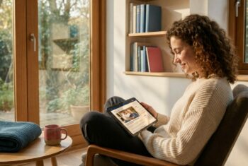 Mithilfe von KI erstelltes Bild: Junge Frau liest auf einem Tablet in einem hellen Raum am Fenster.