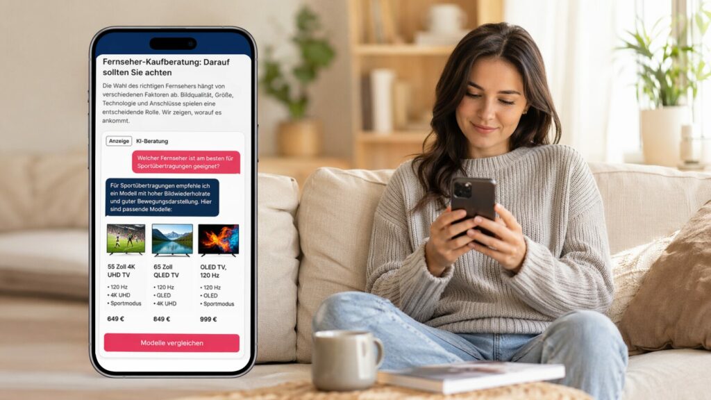Eine Frau betrachtet auf dem Smartphone eine AI Conversational Story mit integriertem KI-Chat zur Fernseher-Kaufberatung und Produktvergleich im Native-Advertising-Format.