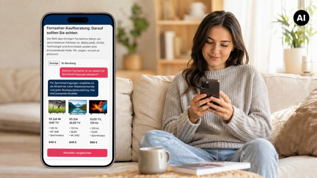 Frau auf Sofa mit Handy, Eingeblendeter Screen mit Chat zu TV-Anzeige im redaktionellen Umfeld.