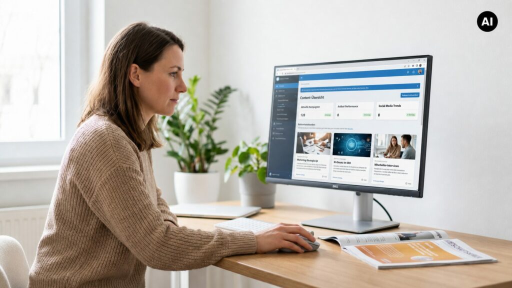 Mithilfe von KI erstellt: Eine Frau sitzt an einem hellen, modernen Arbeitsplatz und blickt konzentriert auf einen Monitor, der ein Content-Dashboard zeigt. 
