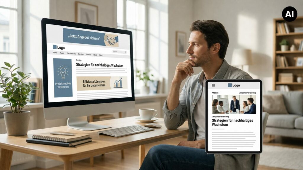 Mithilfe von KI erstellt: Marketingverantwortliche Person im modernen Büro betrachtet parallel einen Desktop-Monitor mit hochwertiger Bannerwerbung und ein Tablet mit integriertem Native-Advertising-Artikel.