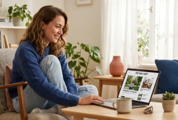 Mithilfe von KI erstelltes Bild: Frau liest am Laptop einen redaktionellen Artikel, in dessen Content-Feed sich eine als Native Content gekennzeichnete Anzeige einfügt.