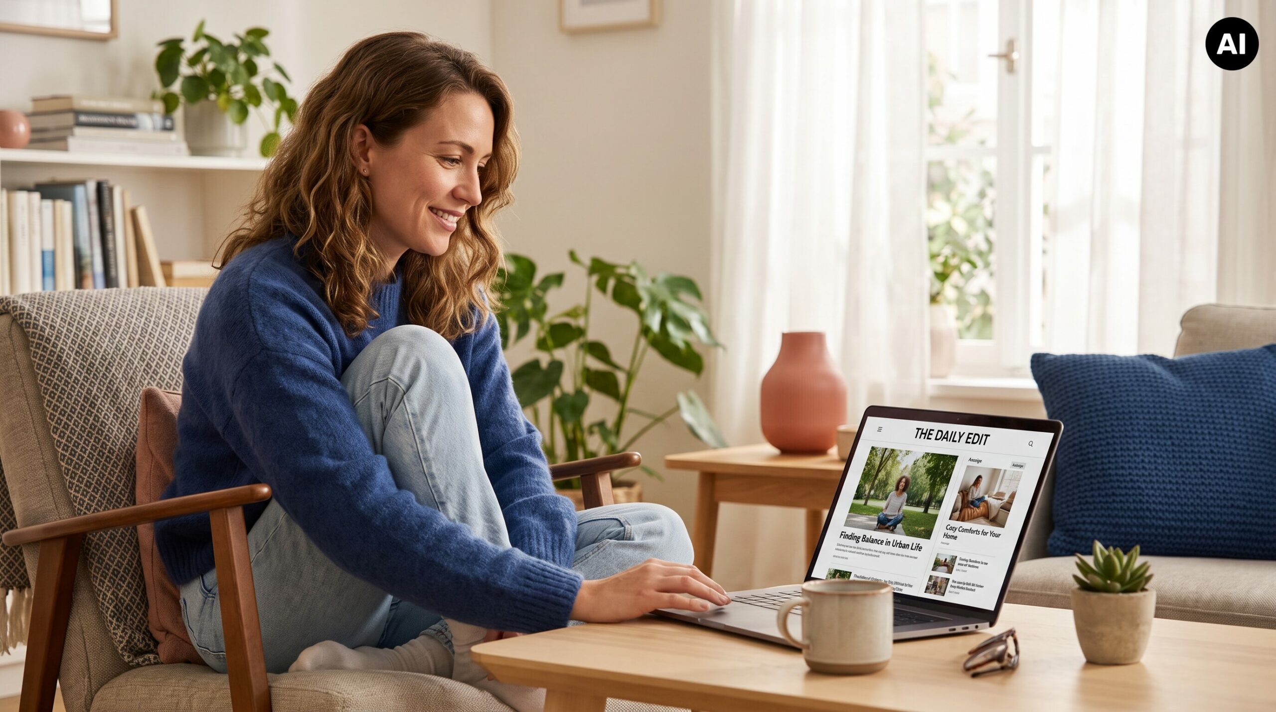 Mithilfe von KI erstelltes Bild: Frau liest am Laptop einen redaktionellen Artikel, in dessen Content-Feed sich eine als Native Content gekennzeichnete Anzeige einfügt.