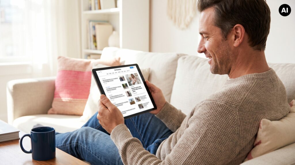 Mithilfe von KI erstelltes Bild: Mann liest auf einem Tablet einen Artikel; im Content-Feed erscheint eine als „Sponsored“ markierte Native Content Ad.