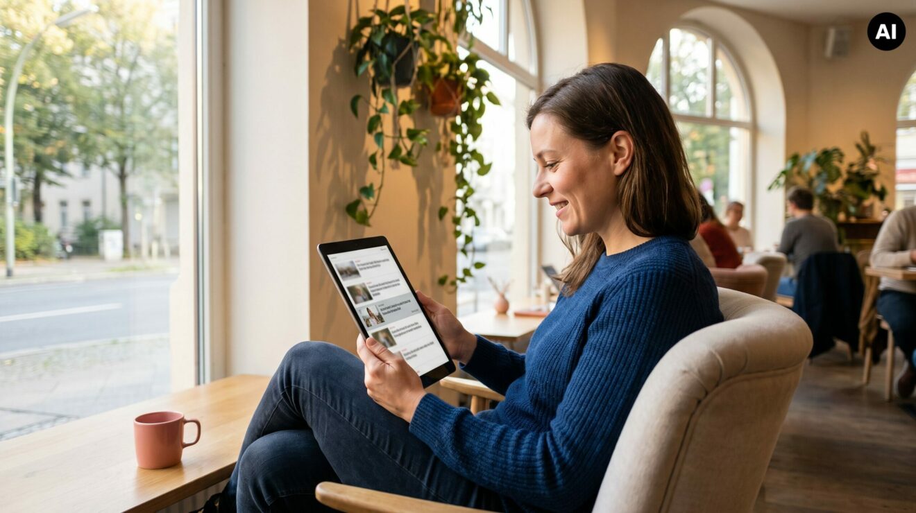 Mithilfe von KI erstelltes Bild: Person nutzt ein Tablet in einem Café am Fenster; im Hintergrund sind Pflanzen und weitere Gäste zu sehen.