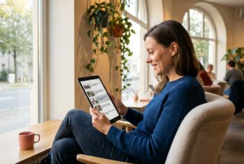 Mithilfe von KI erstelltes Bild: Person nutzt ein Tablet in einem Café am Fenster; im Hintergrund sind Pflanzen und weitere Gäste zu sehen.