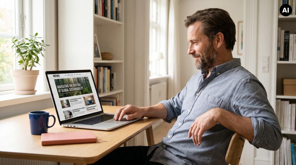 Mithilfe von KI erstelltes Bild: Person nutzt einen Laptop am Schreibtisch im Homeoffice; auf dem Bildschirm ist eine Nachrichtenwebseite geöffnet