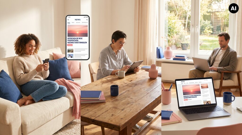 Mithilfe von KI erstelltes Bild: Personen nutzen Smartphone, Tablet und Laptop, um redaktionelle Inhalte auf verschiedenen Geräten zu lesen.