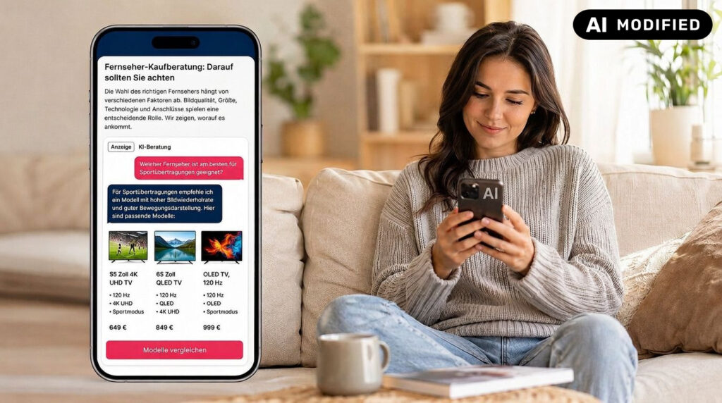 Frau auf Sofa mit Handy, Eingeblendeter Screen mit Chat zu TV-Anzeige im redaktionellen Umfeld. 