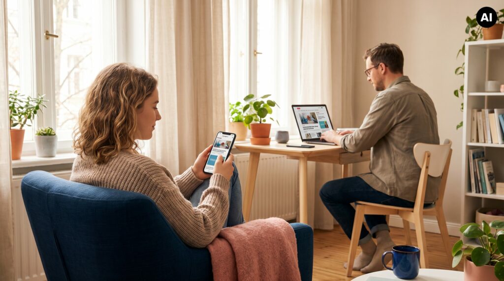 Mithilfe von KI erstelltes Bild: Zwei Personen lesen auf Smartphone und Laptop; auf beiden Screens ist Native Content in den redaktionellen Feed integriert.