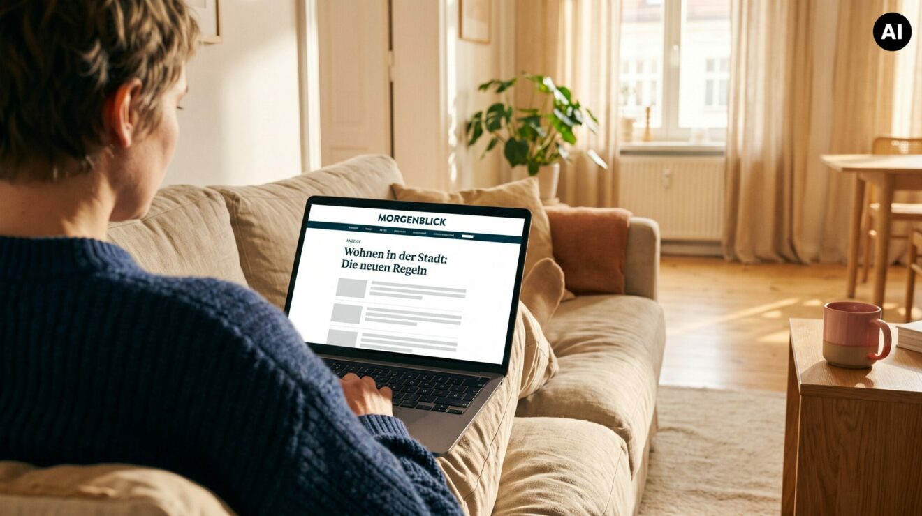Mithilfe von KI erstelltes Bild: Frau liest am Laptop einen redaktionellen Artikel, in dessen Content-Feed sich eine als Native Content gekennzeichnete Anzeige einfügt.