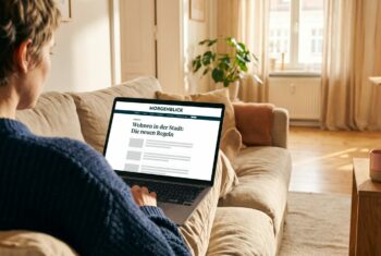 Mithilfe von KI erstelltes Bild: Frau liest am Laptop einen redaktionellen Artikel, in dessen Content-Feed sich eine als Native Content gekennzeichnete Anzeige einfügt.