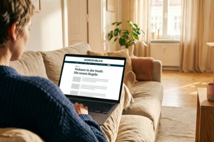 Mithilfe von KI erstelltes Bild: Frau liest am Laptop einen redaktionellen Artikel, in dessen Content-Feed sich eine als Native Content gekennzeichnete Anzeige einfügt.