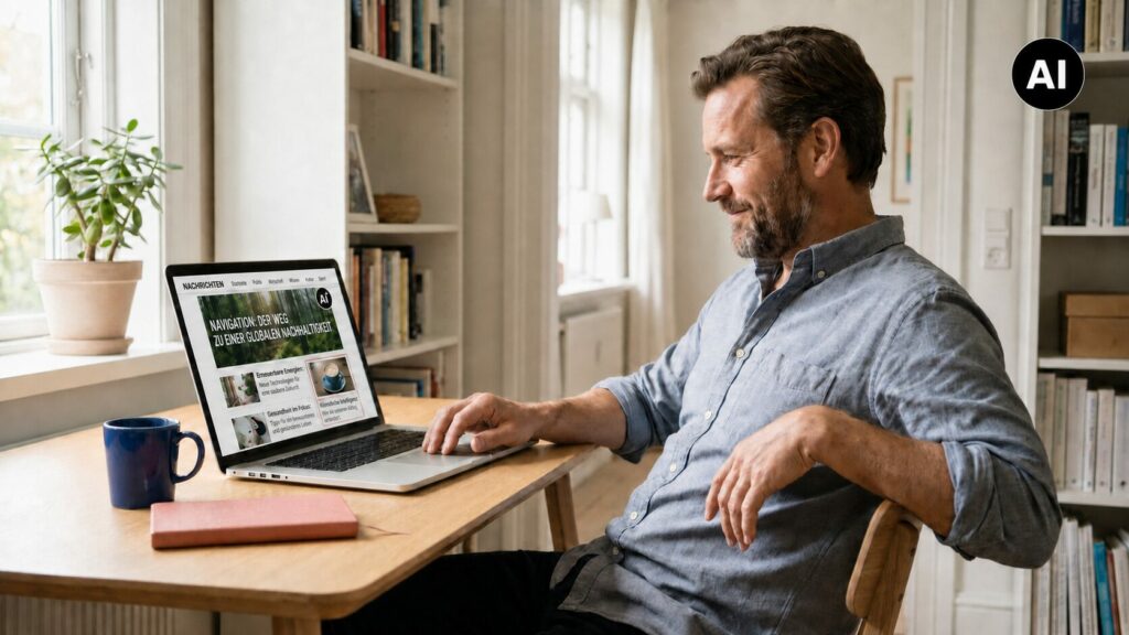Mithilfe von KI erstelltes Bild: Person nutzt einen Laptop am Schreibtisch im Homeoffice; auf dem Bildschirm ist eine Nachrichtenwebseite geöffnet