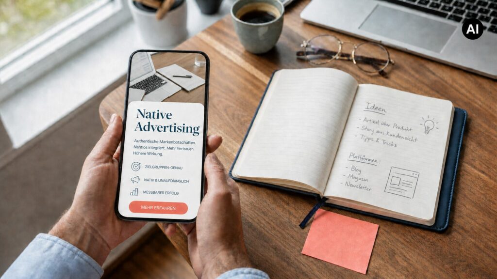 Mithilfe von KI erstelltes Bild: Auf einem Schreibtisch liegen ein aufgeschlagenes Notizbuch, eine Brille, eine Tasse Kaffee und ein Laptop. Darüber halten Hände ein Smartphone, auf dem ein Artikel mit der Überschrift "Native Advertising" zu sehen ist.