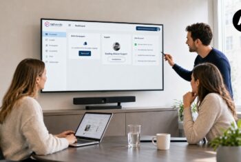 Mithilfe von KI erstelltes Bild: Drei Personen vor einem großen Bildschirm in einem hellen Besprechungsraum: Auf dem Screen sind Kampagneneinstellungen und weitere Daten zu sehen. 