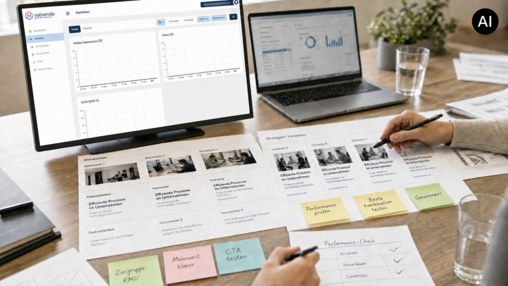 Alt-Text: Mithilfe von KI erstelltes Bild: Auf einem Schreibtisch liegen Blätter mit verschiedene Anzeigenvarianten, darauf ruhen Hände mit Stiften. Davor ein Monitor und ein Notebook, darauf Daten und Bilder zur Kampagne.