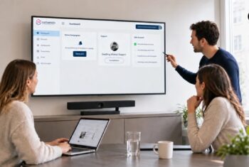 Mithilfe von KI erstelltes Bild: Drei Personen vor einem großen Bildschirm in einem hellen Besprechungsraum: Auf dem Screen sind Kampagneneinstellungen und weitere Daten zu sehen. 
