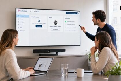 Mithilfe von KI erstelltes Bild: Drei Personen vor einem großen Bildschirm in einem hellen Besprechungsraum: Auf dem Screen sind Kampagneneinstellungen und weitere Daten zu sehen. 